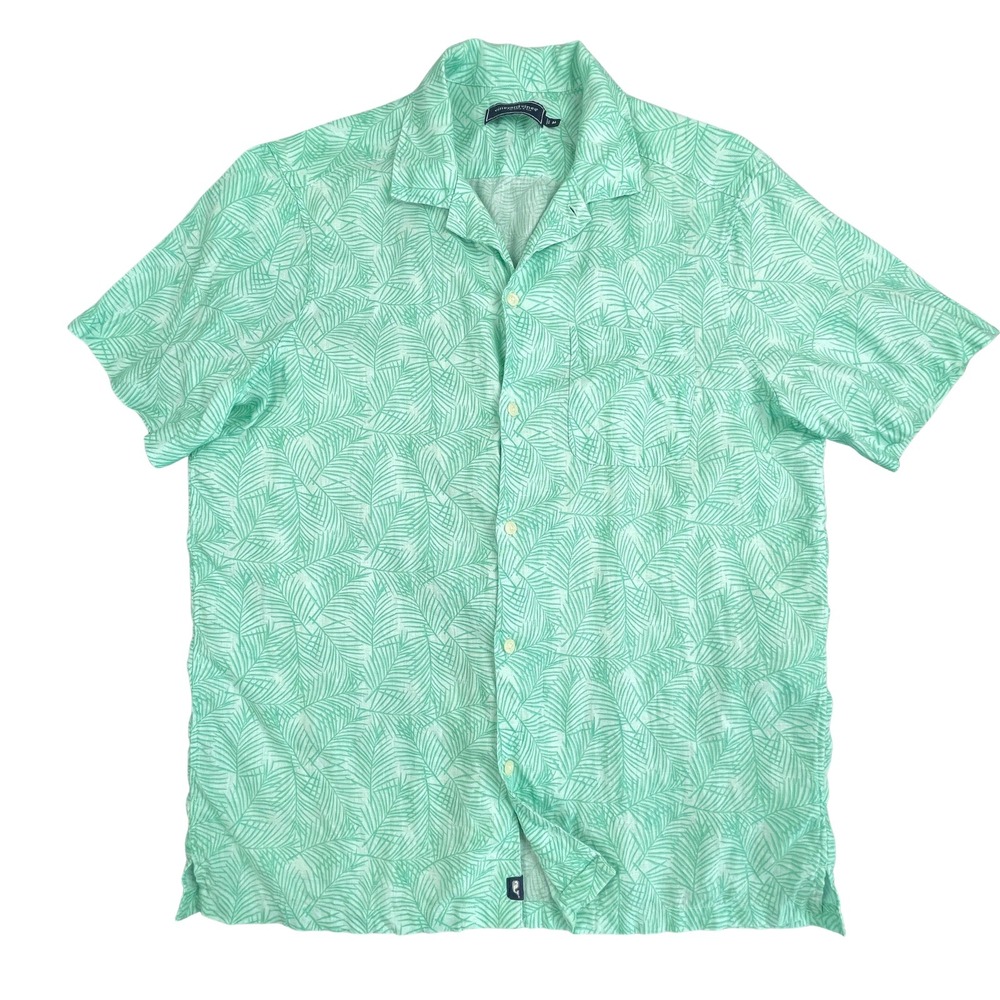 Vineyard Vines Mens M 100% Linen Tropical Palm Camp Shirt Green Button Up Resort